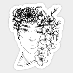 Pretty black and white ink floral girl tattoo art Sticker